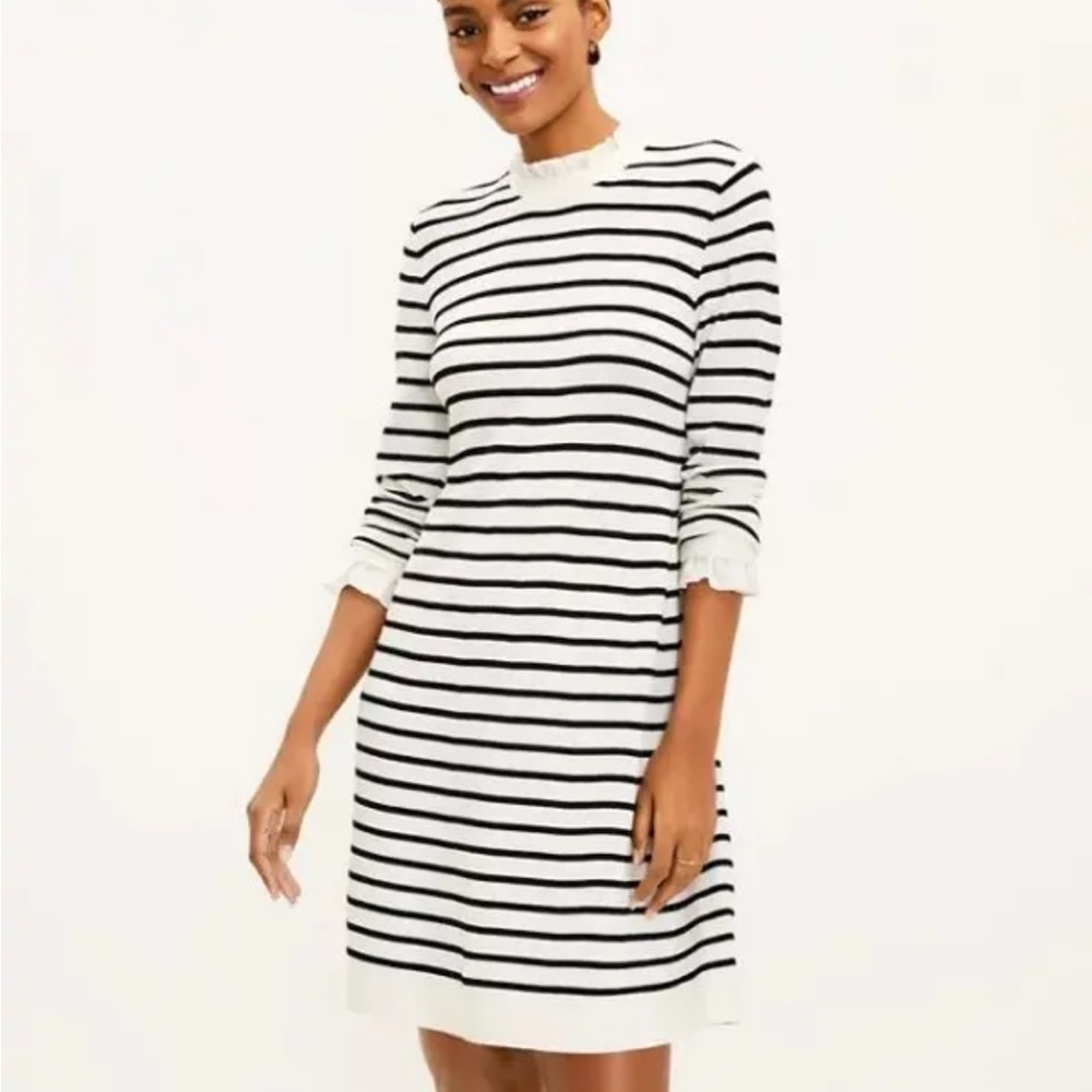 Loft Striped Black and White Sweater Dress with ruffle cuffs and collar